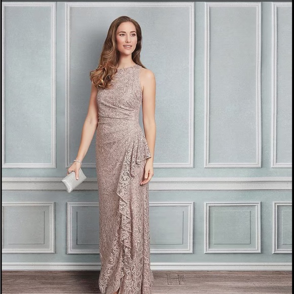 Alex Evenings Buff Maxi Gown with Ruffled Slit and Halter Neckline - Picture 5 of 7